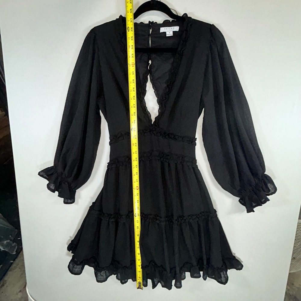 Favlux Black Ruffle Mini Dress Romantic Goth Coquette Open Back Long Sleeve - Picture 7 of 10